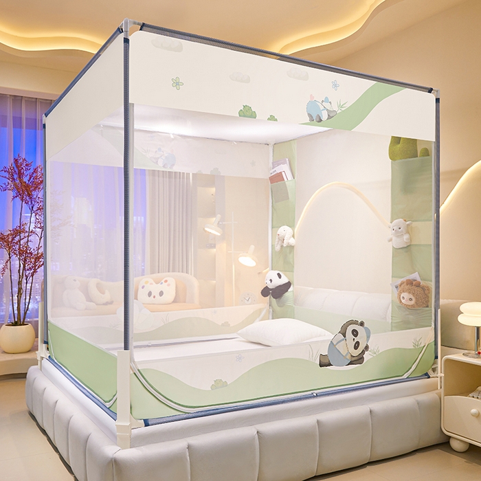 91家纺网 家纺一手货源 找家纺 青竹苑 2026新款围栏托底口袋款坐床防摔蚊帐 功夫熊猫