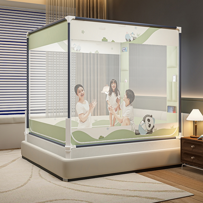 91家纺网 家纺一手货源 找家纺 青竹苑 2026新款围栏托底口袋款坐床防摔蚊帐 功夫熊猫