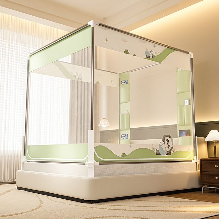 91家纺网 家纺一手货源 找家纺 青竹苑 2026新款围栏托底口袋款坐床防摔蚊帐 功夫熊猫