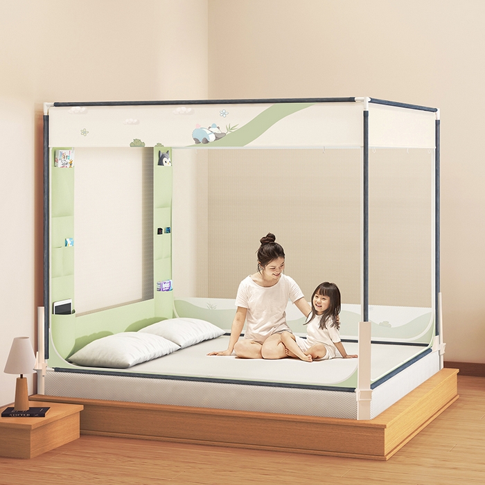 91家纺网 家纺一手货源 找家纺 青竹苑 2026新款围栏托底口袋款坐床防摔蚊帐 功夫熊猫