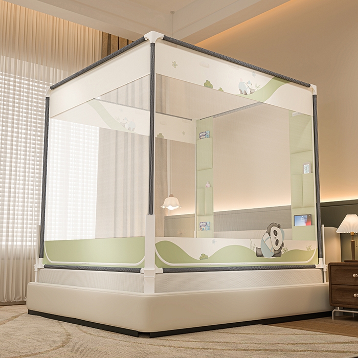 91家纺网 家纺一手货源 找家纺 青竹苑 2026新款围栏托底口袋款坐床防摔蚊帐 功夫熊猫