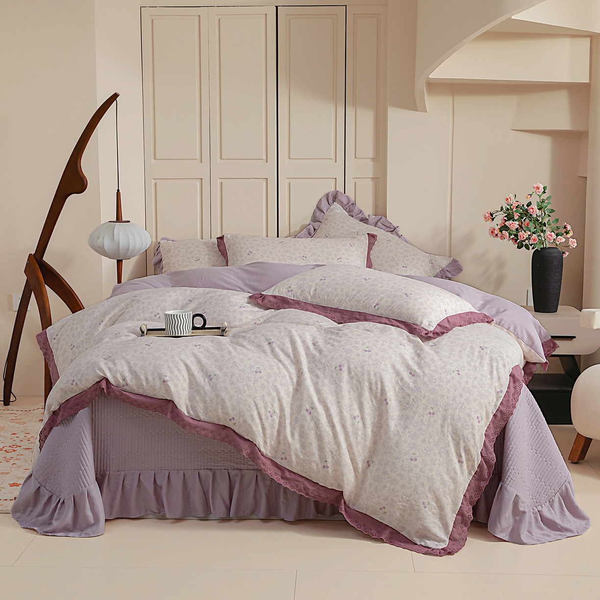 情煊家纺 2026新款全棉双层纱花边款绣花款四件套 绣花款-樱桃