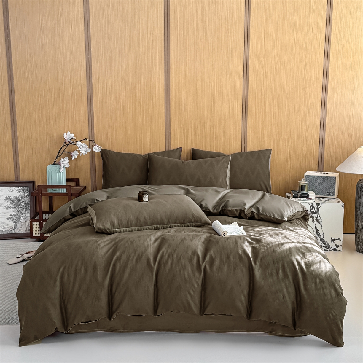 91家纺网 家纺一手货源 找家纺 灰鲸 2026新款全棉纯棉三层纱色织提花四件套 影韵-摩卡