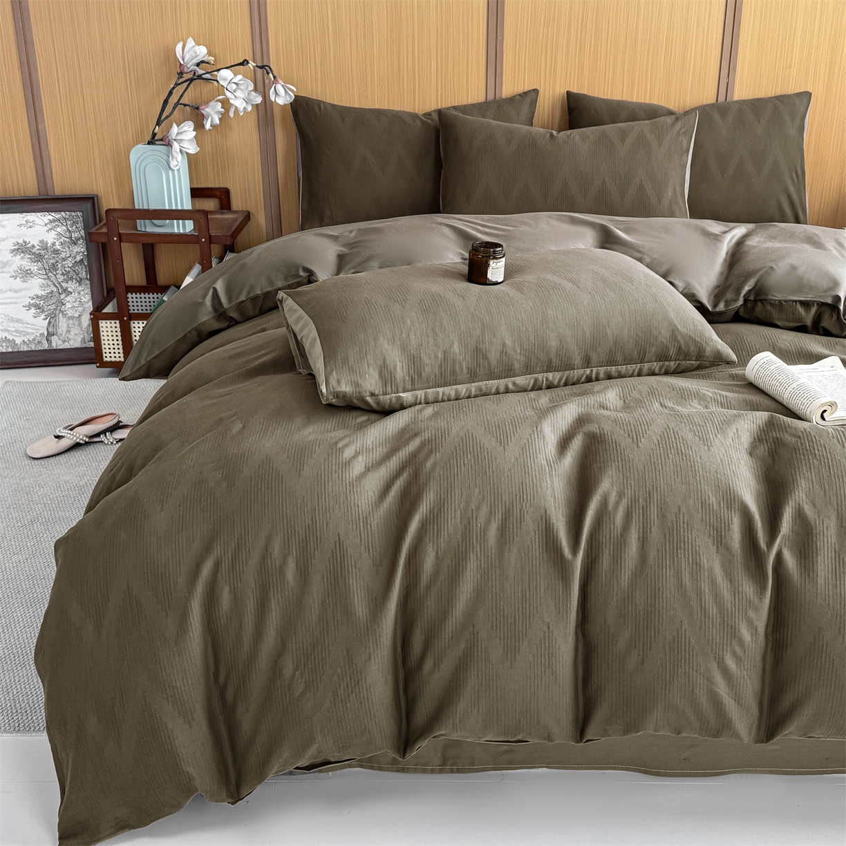 91家纺网 家纺一手货源 找家纺 灰鲸 2026新款全棉纯棉三层纱色织提花四件套 影韵-摩卡