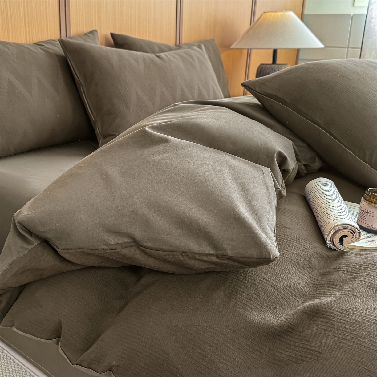 91家纺网 家纺一手货源 找家纺 灰鲸 2026新款全棉纯棉三层纱色织提花四件套 影韵-摩卡