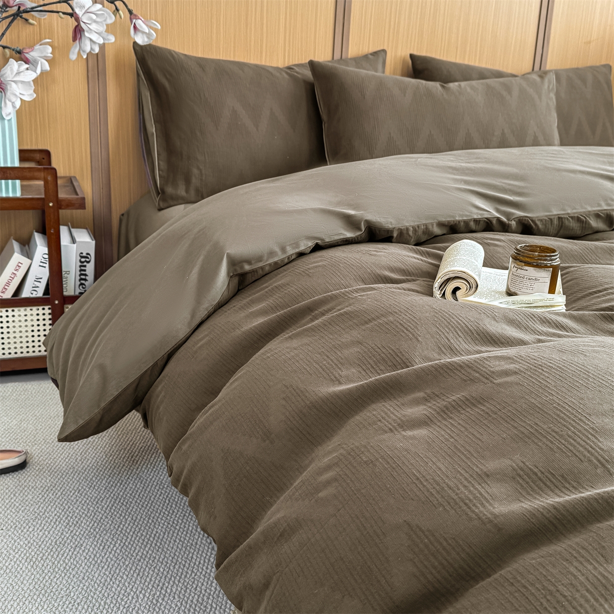 91家纺网 家纺一手货源 找家纺 灰鲸 2026新款全棉纯棉三层纱色织提花四件套 影韵-摩卡