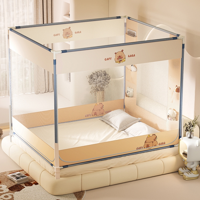 91家纺网 家纺一手货源 找家纺 青竹苑 2026新款围栏托底口袋款坐床防摔蚊帐 卡皮巴拉