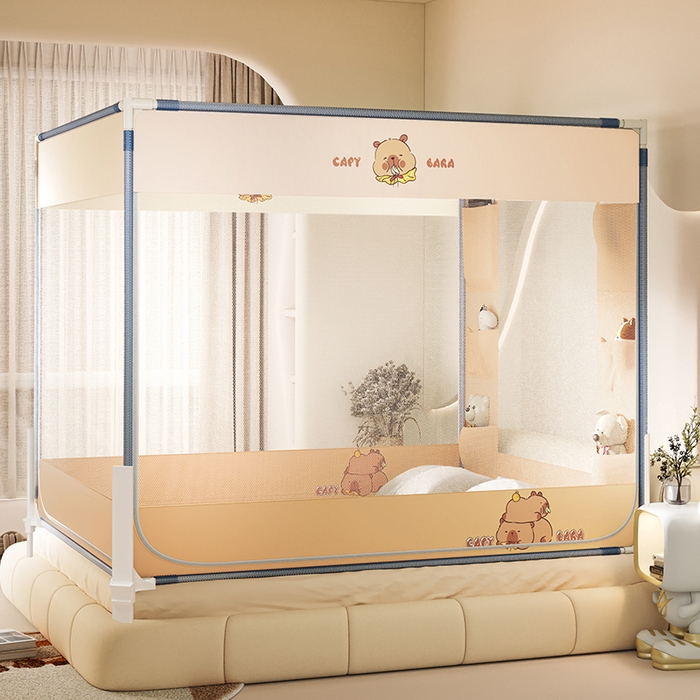 91家纺网 家纺一手货源 找家纺 青竹苑 2026新款围栏托底口袋款坐床防摔蚊帐 卡皮巴拉