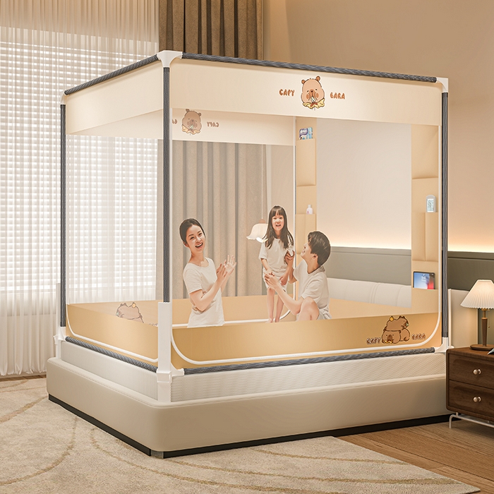 91家纺网 家纺一手货源 找家纺 青竹苑 2026新款围栏托底口袋款坐床防摔蚊帐 卡皮巴拉