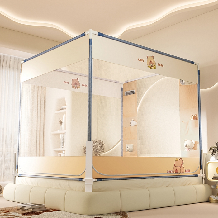 91家纺网 家纺一手货源 找家纺 青竹苑 2026新款围栏托底口袋款坐床防摔蚊帐 卡皮巴拉