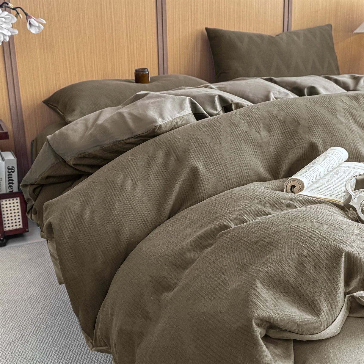 91家纺网 家纺一手货源 找家纺 灰鲸 2026新款全棉纯棉三层纱色织提花四件套 影韵-摩卡