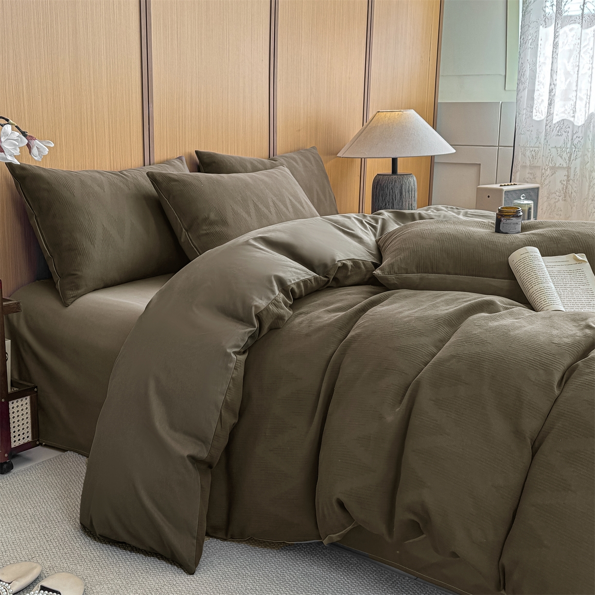 91家纺网 家纺一手货源 找家纺 灰鲸 2026新款全棉纯棉三层纱色织提花四件套 影韵-摩卡