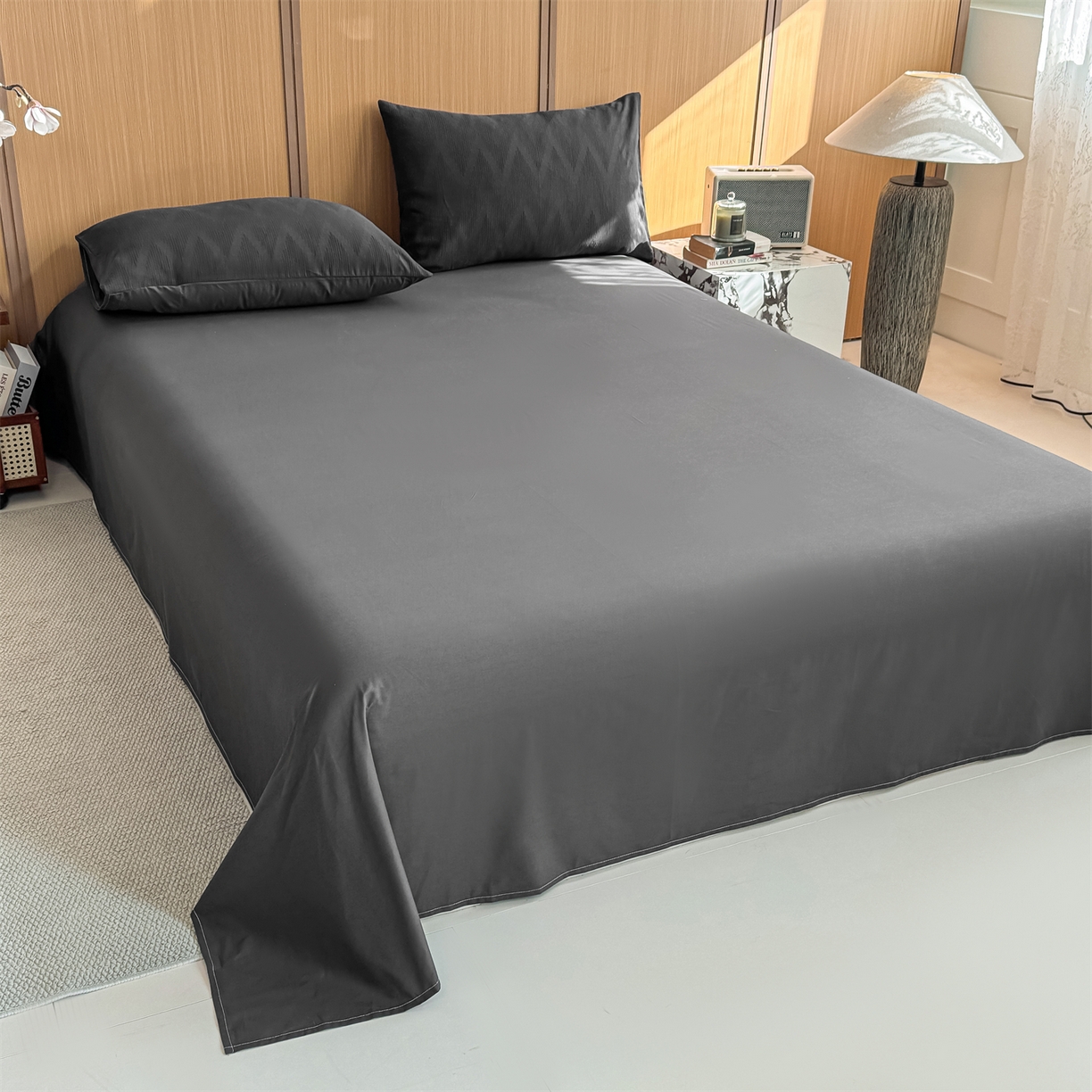 91家纺网 家纺一手货源 找家纺 灰鲸 2026新款全棉纯棉三层纱色织提花四件套 影韵-素墨