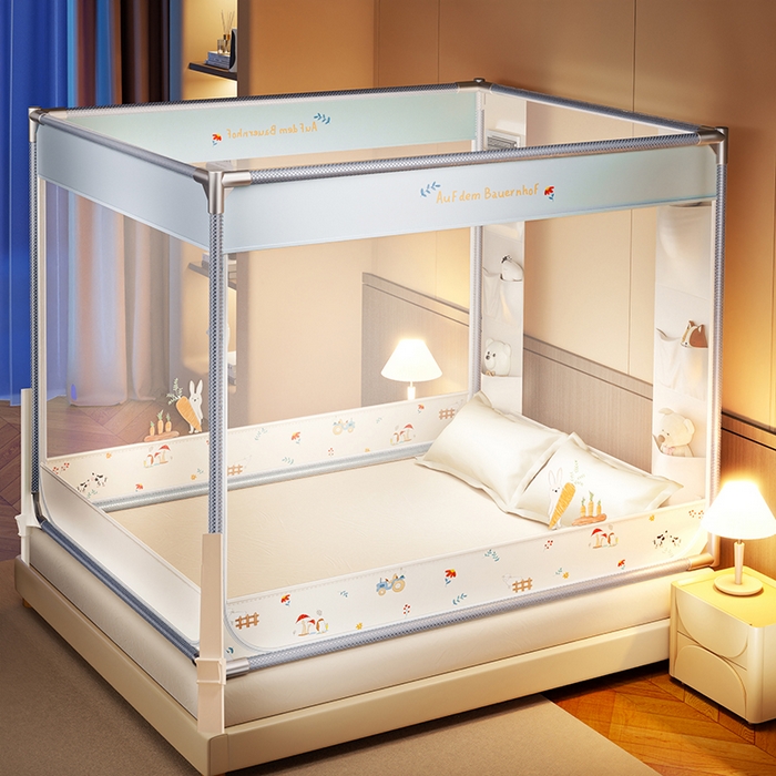 91家纺网 家纺一手货源 找家纺 青竹苑 2026新款围栏托底口袋款坐床防摔蚊帐 萝卜小兔兔