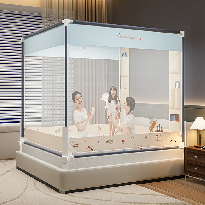 91家纺网 家纺一手货源 找家纺 青竹苑 2026新款围栏托底口袋款坐床防摔蚊帐 萝卜小兔兔