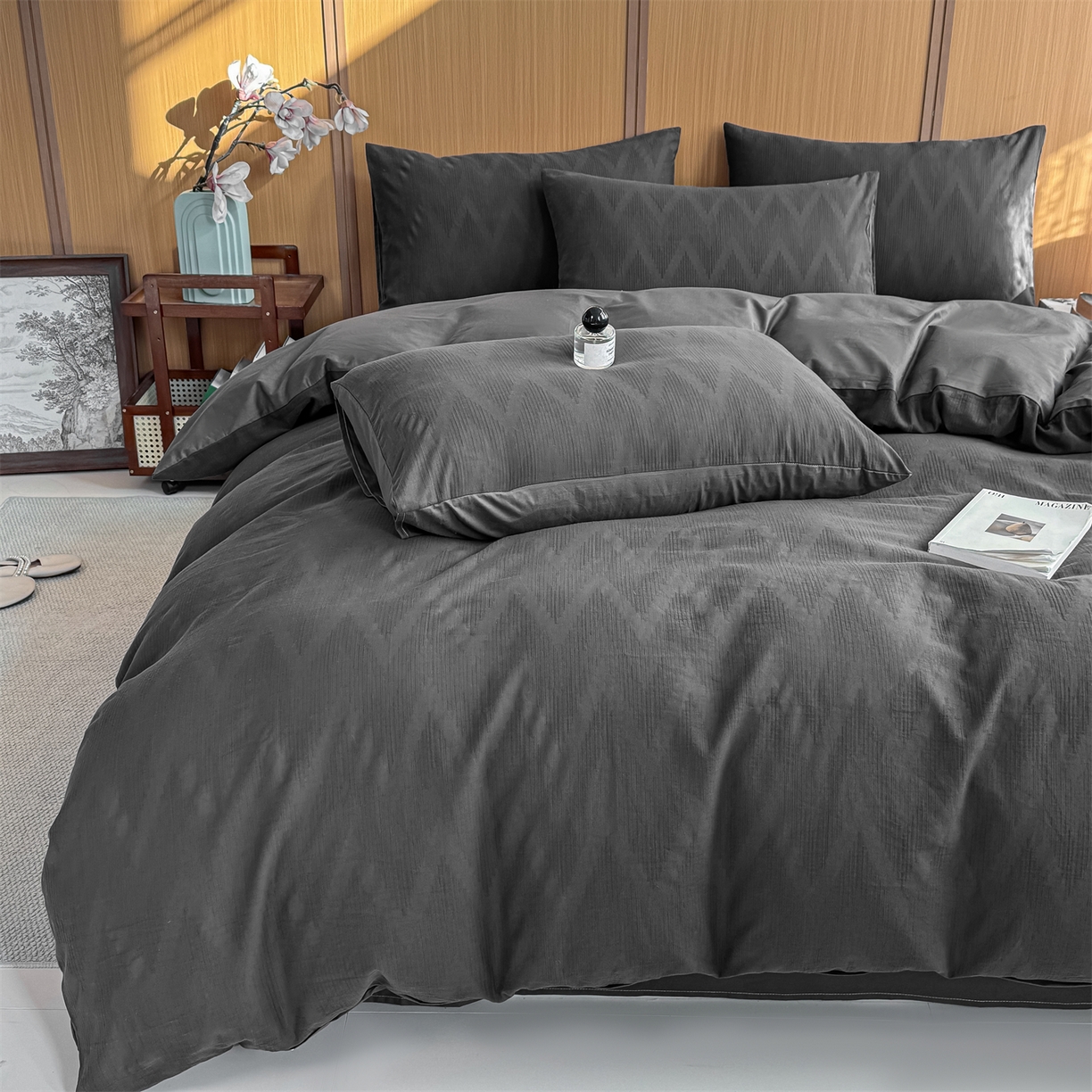 91家纺网 家纺一手货源 找家纺 灰鲸 2026新款全棉纯棉三层纱色织提花四件套 影韵-素墨