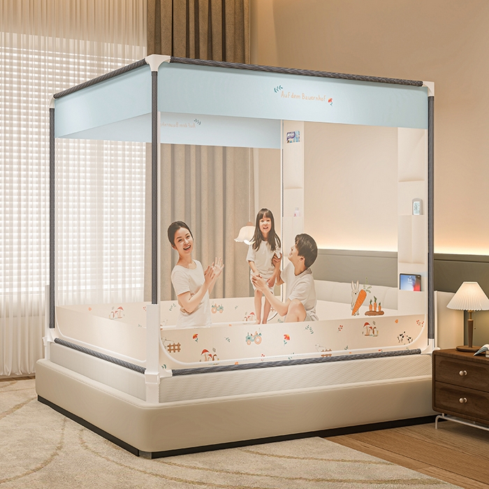 91家纺网 家纺一手货源 找家纺 青竹苑 2026新款围栏托底口袋款坐床防摔蚊帐 萝卜小兔兔