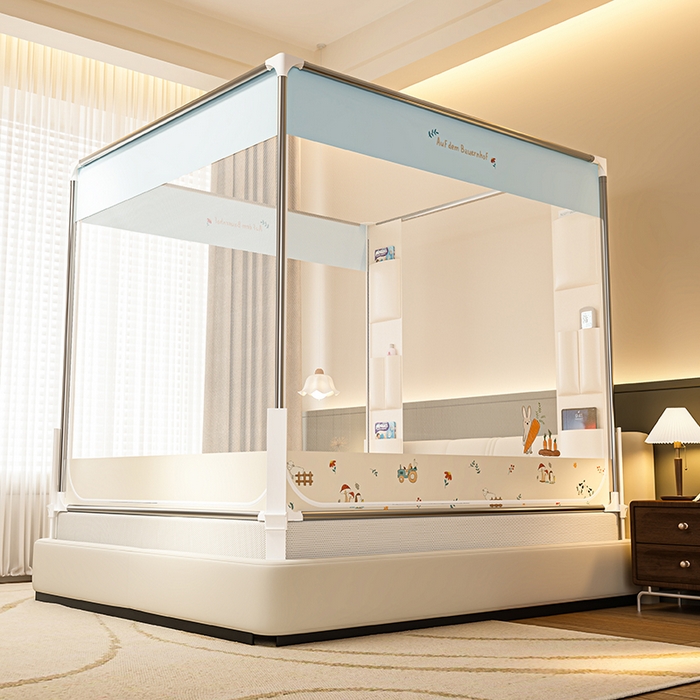 91家纺网 家纺一手货源 找家纺 青竹苑 2026新款围栏托底口袋款坐床防摔蚊帐 萝卜小兔兔