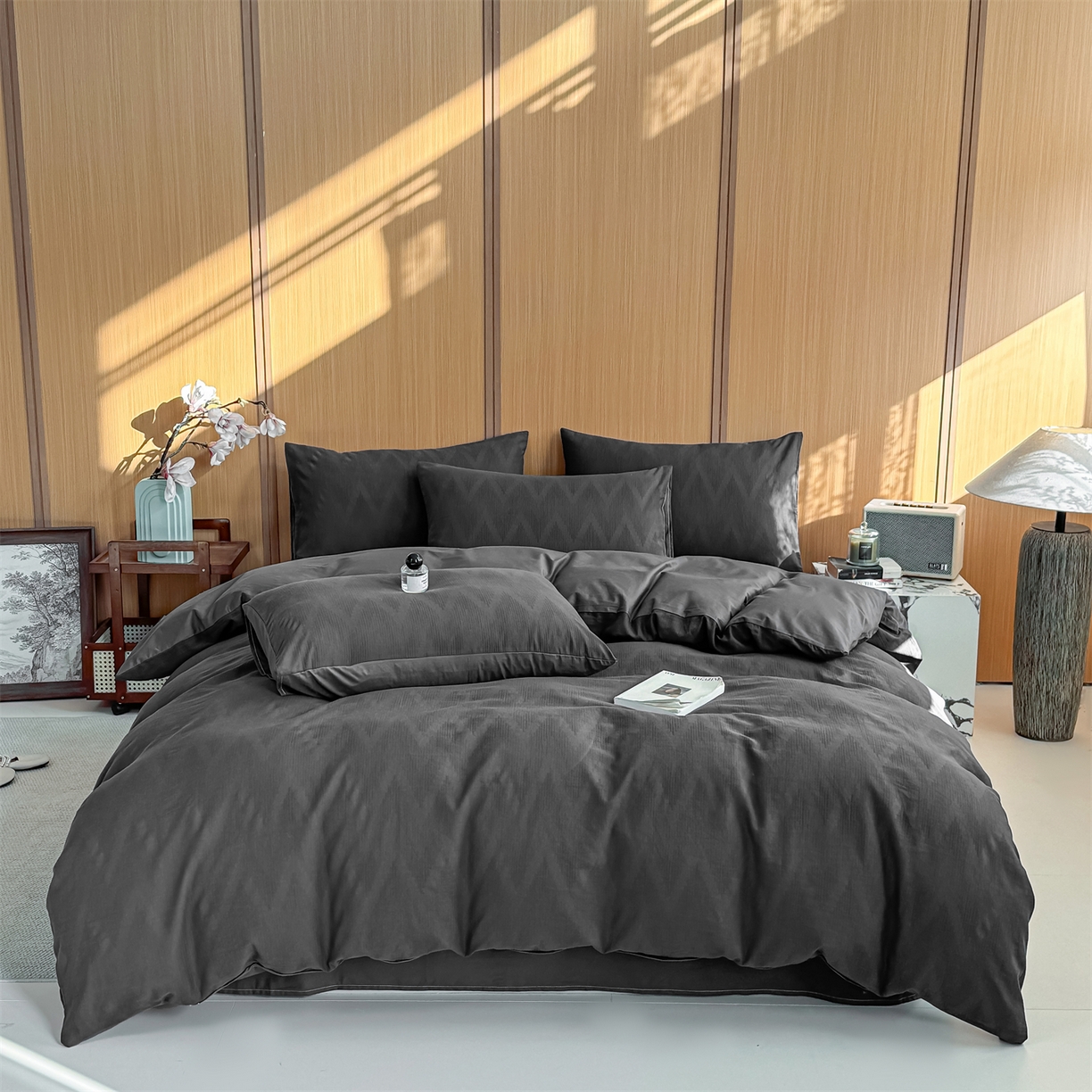 91家纺网 家纺一手货源 找家纺 灰鲸 2026新款全棉纯棉三层纱色织提花四件套 影韵-素墨