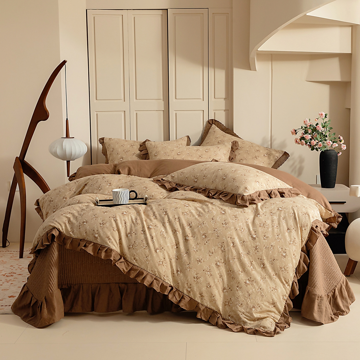 情煊家纺 2026新款全棉双层纱花边款绣花款四件套 花边款-茶香