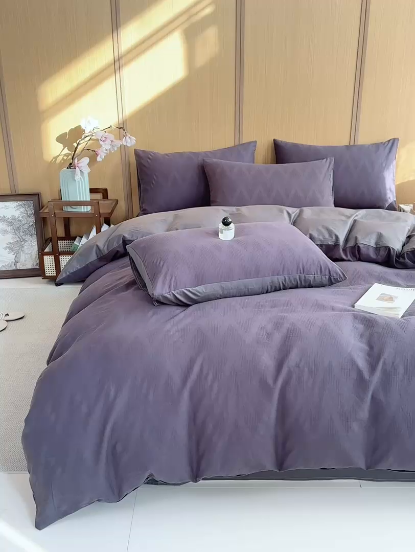 91家纺网 家纺一手货源 找家纺 灰鲸 2026新款全棉纯棉三层纱色织提花四件套 影韵-素墨