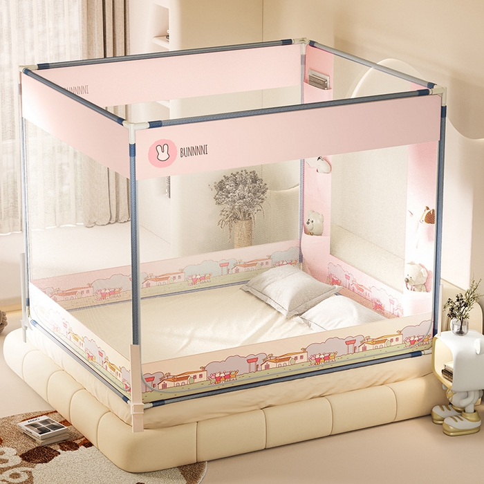 91家纺网 家纺一手货源 找家纺 青竹苑 2026新款围栏托底口袋款坐床防摔蚊帐 兔兔小镇