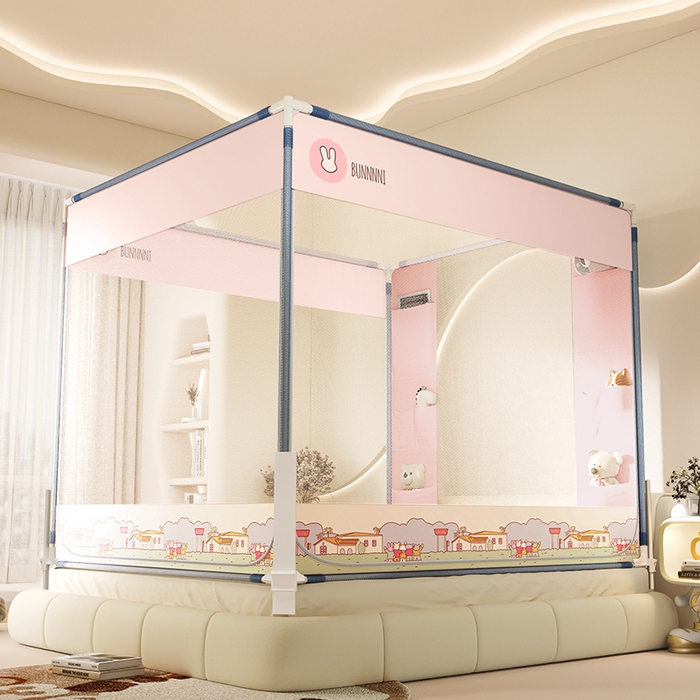 91家纺网 家纺一手货源 找家纺 青竹苑 2026新款围栏托底口袋款坐床防摔蚊帐 兔兔小镇