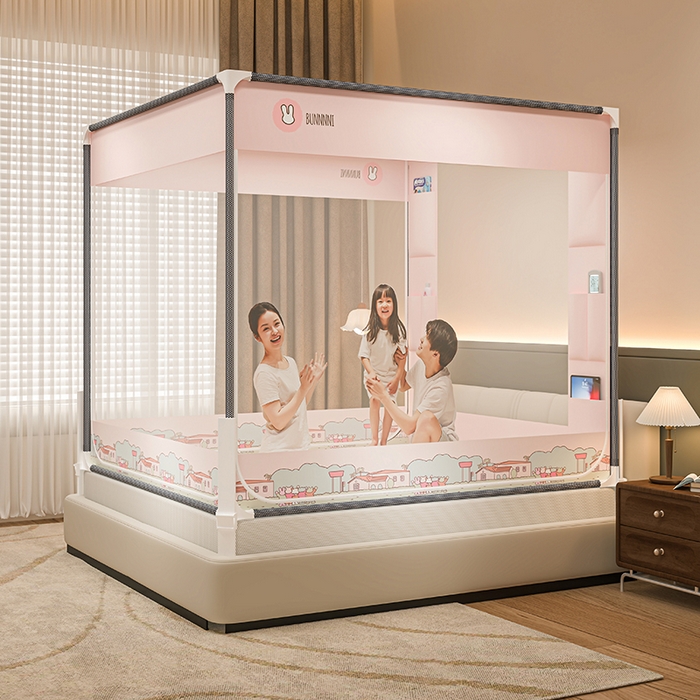 91家纺网 家纺一手货源 找家纺 青竹苑 2026新款围栏托底口袋款坐床防摔蚊帐 兔兔小镇