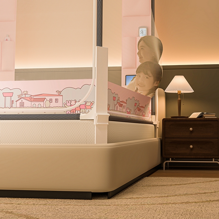 91家纺网 家纺一手货源 找家纺 青竹苑 2026新款围栏托底口袋款坐床防摔蚊帐 兔兔小镇