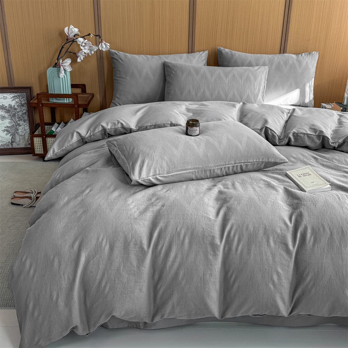 91家纺网 家纺一手货源 找家纺 灰鲸 2026新款全棉纯棉三层纱色织提花四件套 影韵-雾灰