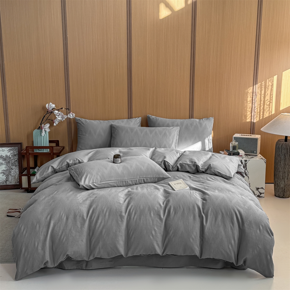 91家纺网 家纺一手货源 找家纺 灰鲸 2026新款全棉纯棉三层纱色织提花四件套 影韵-雾灰