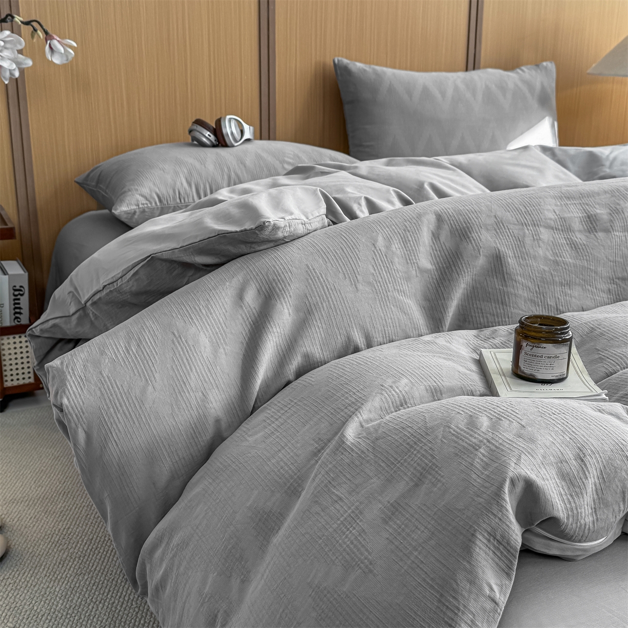 91家纺网 家纺一手货源 找家纺 灰鲸 2026新款全棉纯棉三层纱色织提花四件套 影韵-雾灰