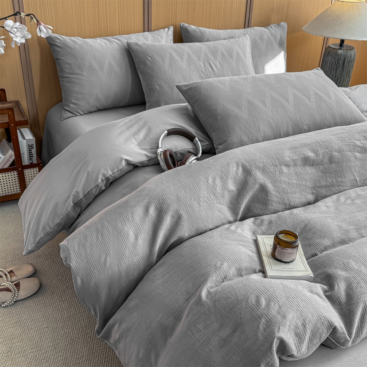 91家纺网 家纺一手货源 找家纺 灰鲸 2026新款全棉纯棉三层纱色织提花四件套 影韵-雾灰