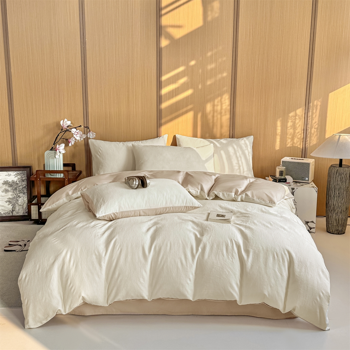 91家纺网 家纺一手货源 找家纺 灰鲸 2026新款全棉纯棉三层纱色织提花四件套 影韵-杏仁奶霜