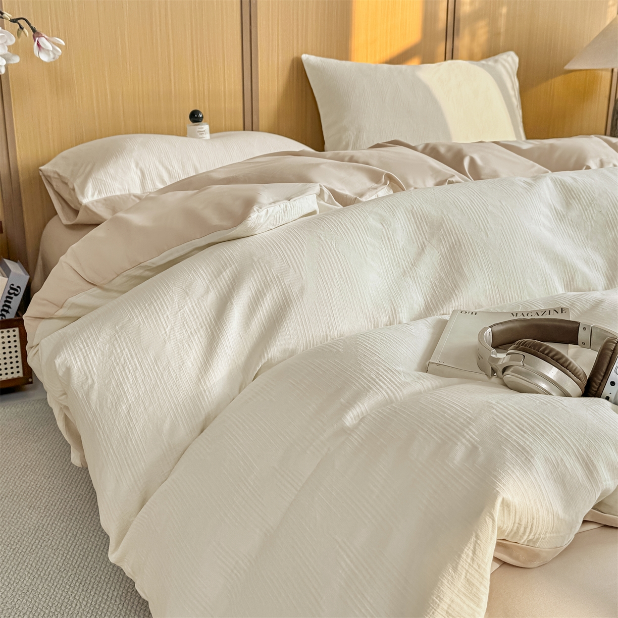 91家纺网 家纺一手货源 找家纺 灰鲸 2026新款全棉纯棉三层纱色织提花四件套 影韵-杏仁奶霜