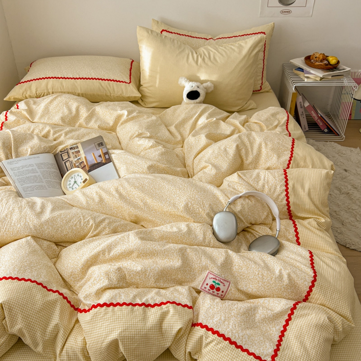 91家纺网 家纺一手货源 找家纺 （总）睡美美家纺 2026新款古法水洗贴布格纹碎花云朵棉四件套-格纹小碎花