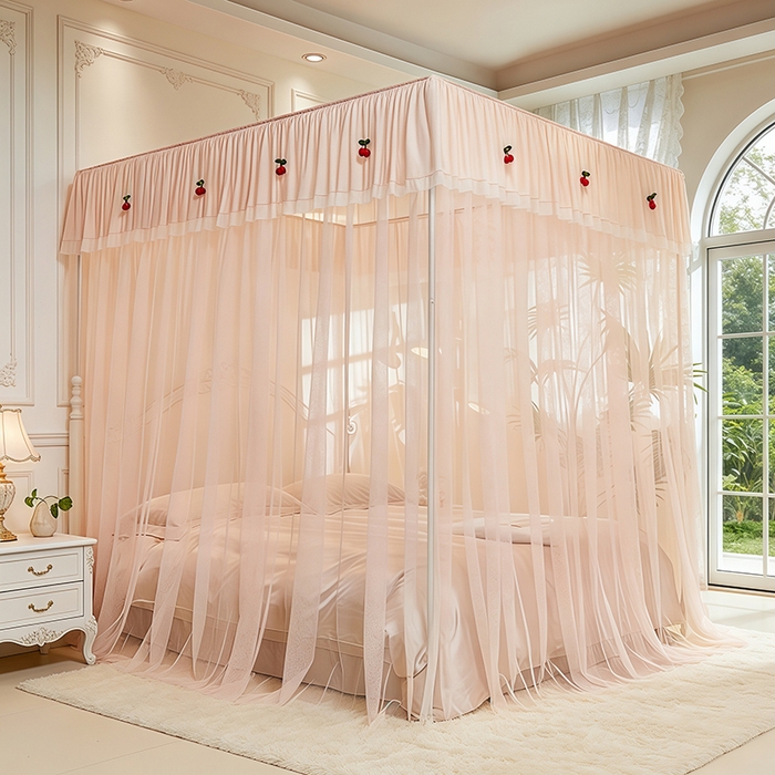 91家纺网 家纺一手货源 找家纺 青竹苑 2026新款花边落地蚊帐 落地樱桃-奶杏