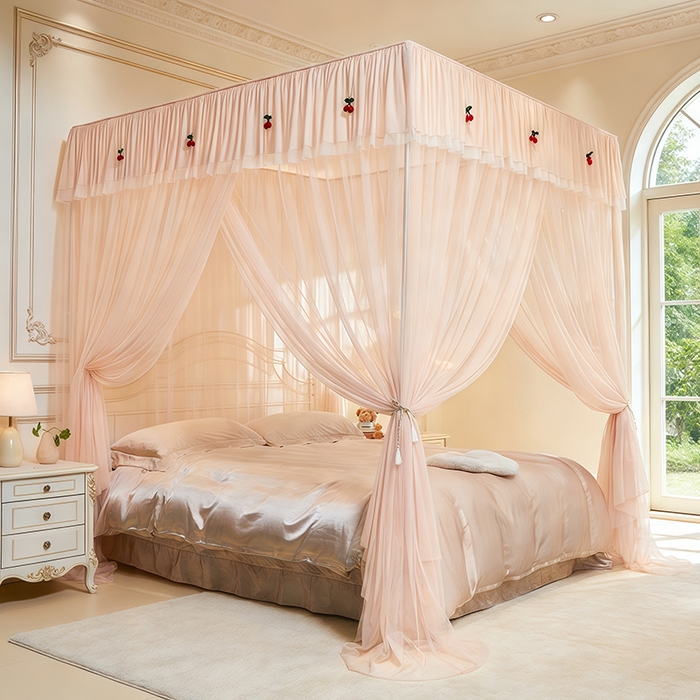 91家纺网 家纺一手货源 找家纺 青竹苑 2026新款花边落地蚊帐 落地樱桃-奶杏