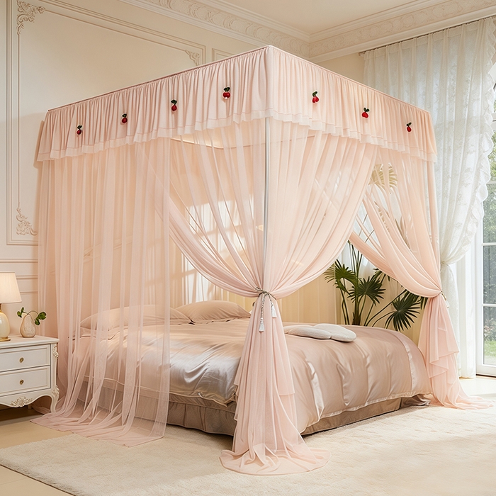 91家纺网 家纺一手货源 找家纺 青竹苑 2026新款花边落地蚊帐 落地樱桃-奶杏