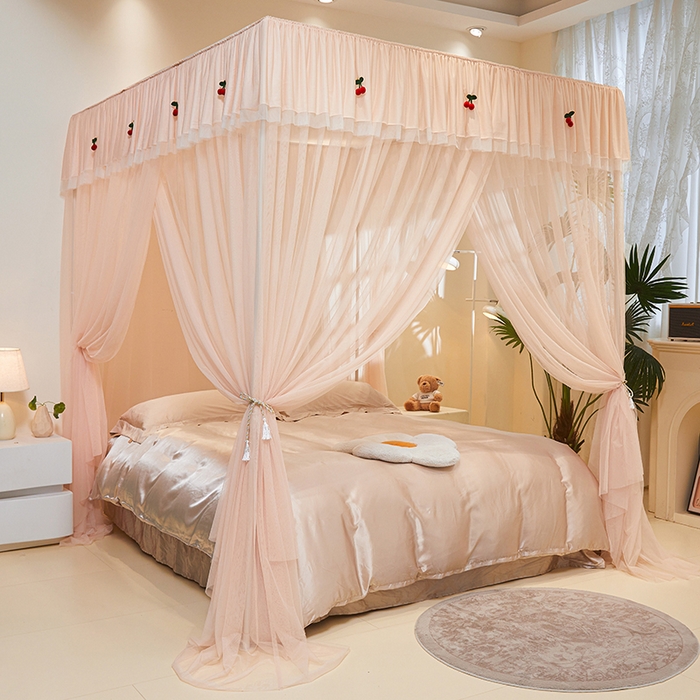 91家纺网 家纺一手货源 找家纺 青竹苑 2026新款花边落地蚊帐 落地樱桃-奶杏