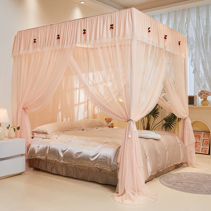 91家纺网 家纺一手货源 找家纺 青竹苑 2026新款花边落地蚊帐 落地樱桃-奶杏