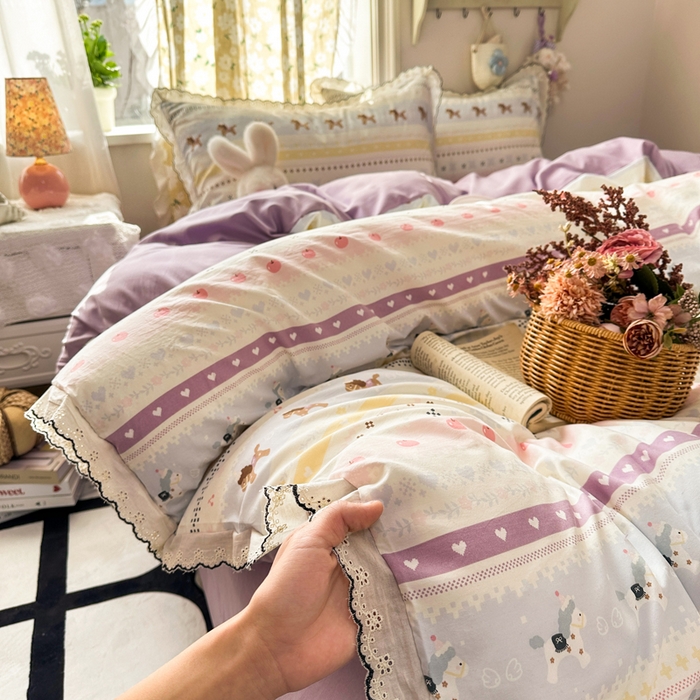 91家纺网 家纺一手货源 找家纺 （总）梦纤绒 2026新款A类仿棉古法水洗棉法式全棉花边四件套