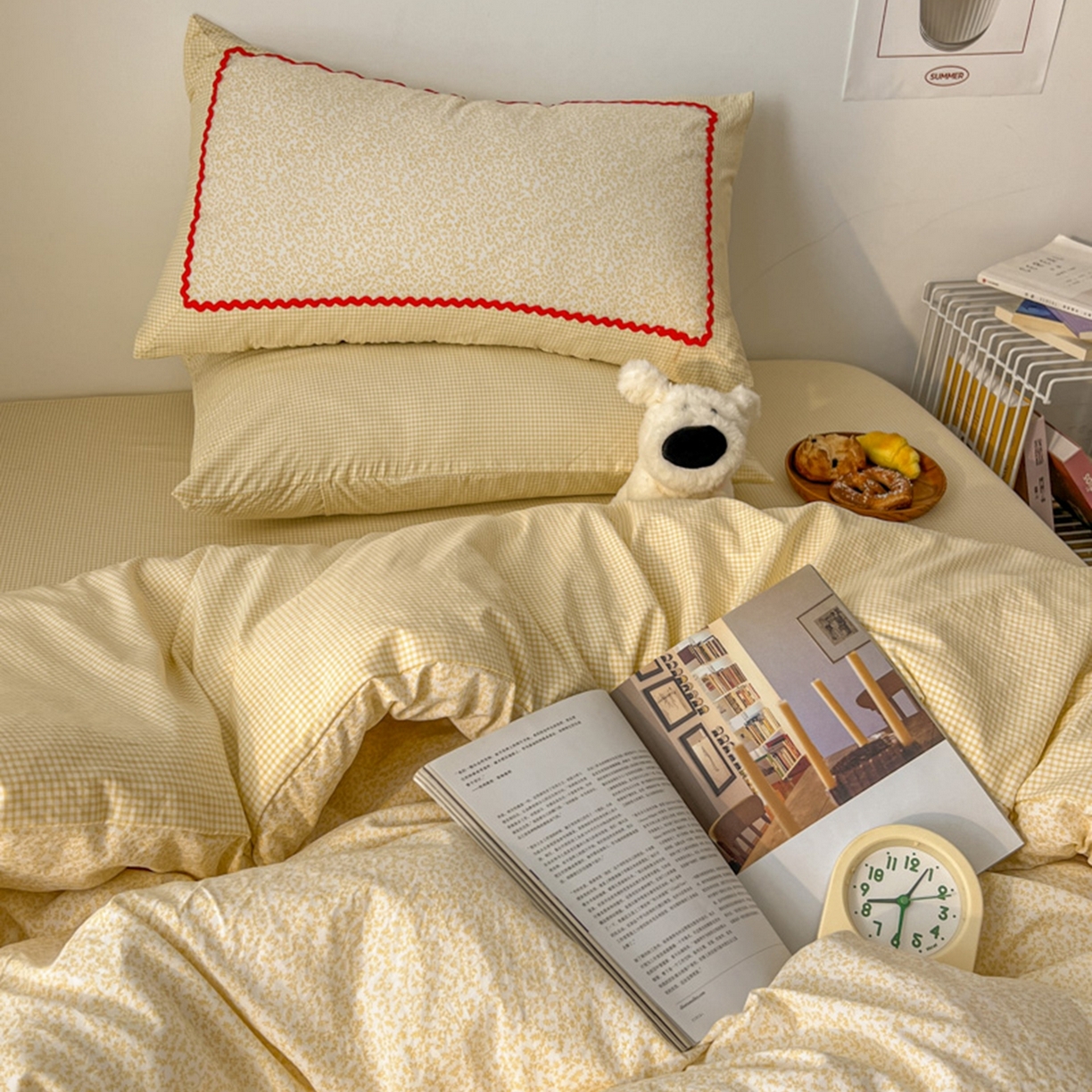 91家纺网 家纺一手货源 找家纺 （总）睡美美家纺 2026新款古法水洗贴布格纹碎花云朵棉四件套-格纹小碎花