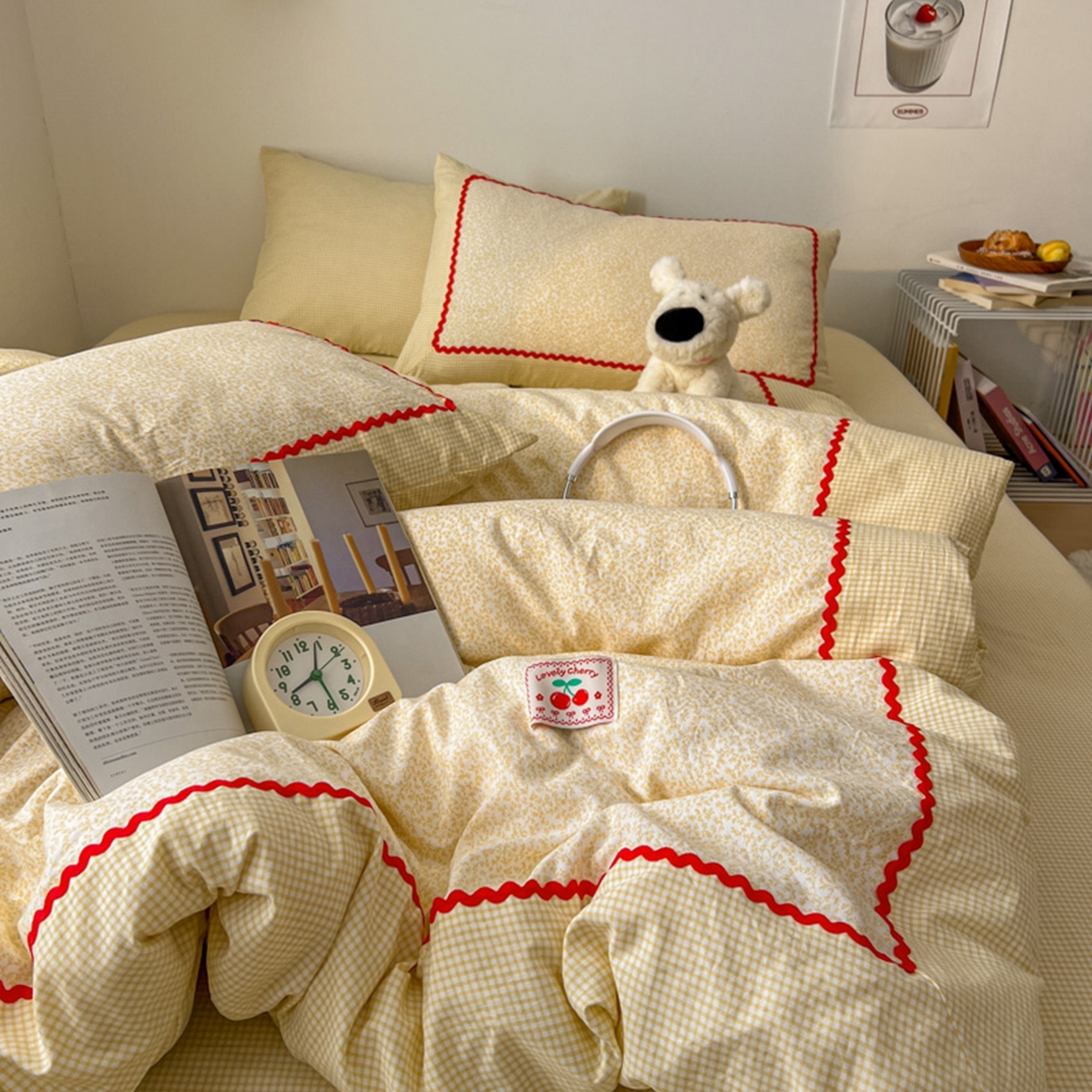 91家纺网 家纺一手货源 找家纺 （总）睡美美家纺 2026新款古法水洗贴布格纹碎花云朵棉四件套-格纹小碎花