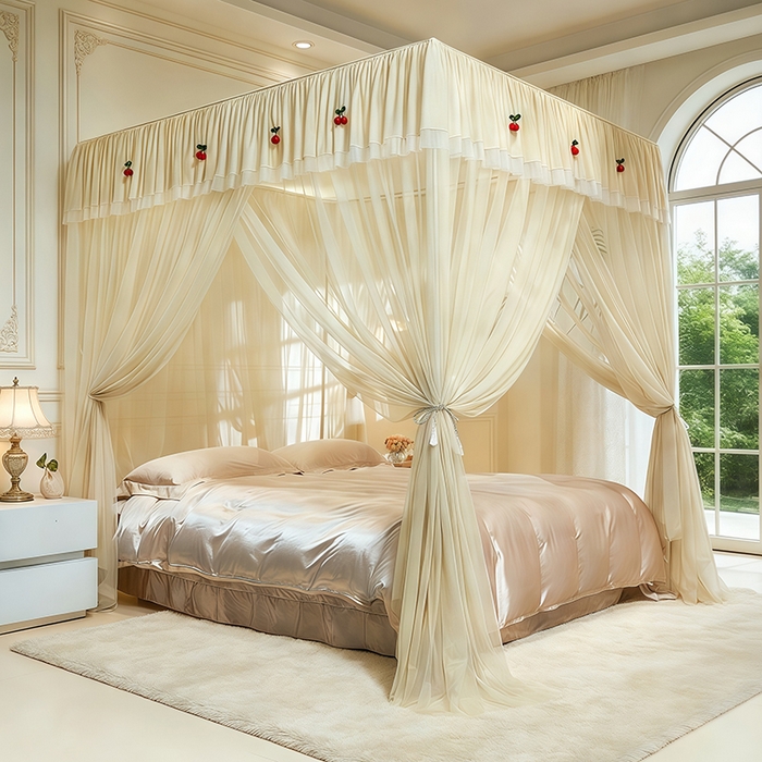 91家纺网 家纺一手货源 找家纺 青竹苑 2026新款花边落地蚊帐 落地樱桃-鼠尾草绿