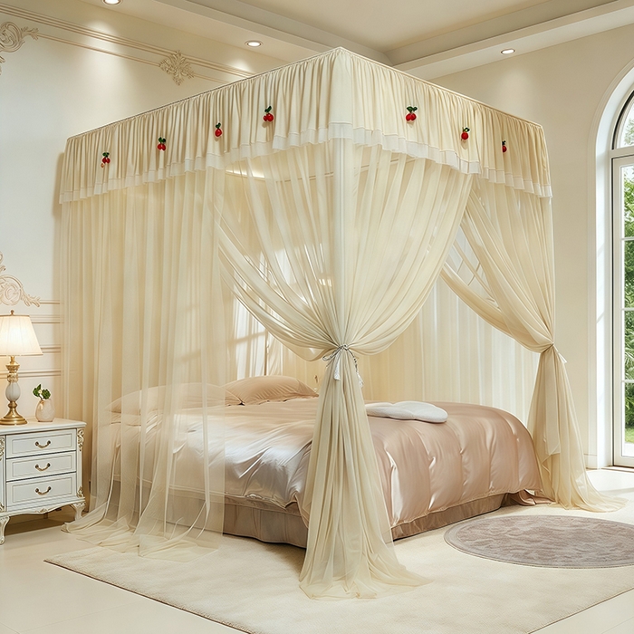 91家纺网 家纺一手货源 找家纺 青竹苑 2026新款花边落地蚊帐 落地樱桃-鼠尾草绿