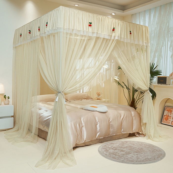 91家纺网 家纺一手货源 找家纺 青竹苑 2026新款花边落地蚊帐 落地樱桃-鼠尾草绿