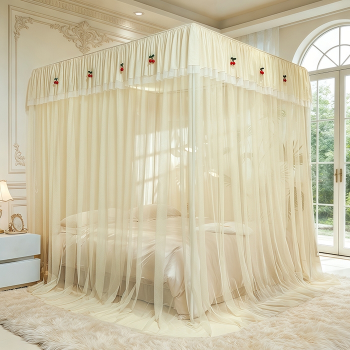 91家纺网 家纺一手货源 找家纺 青竹苑 2026新款花边落地蚊帐 落地樱桃-鼠尾草绿