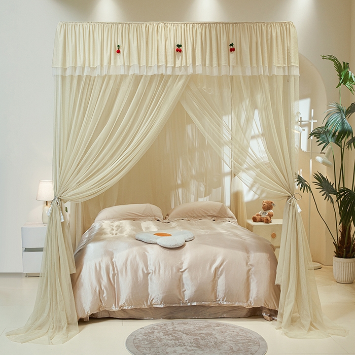 91家纺网 家纺一手货源 找家纺 青竹苑 2026新款花边落地蚊帐 落地樱桃-鼠尾草绿