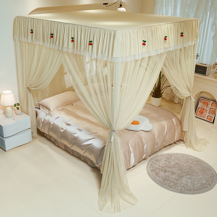 91家纺网 家纺一手货源 找家纺 青竹苑 2026新款花边落地蚊帐 落地樱桃-鼠尾草绿